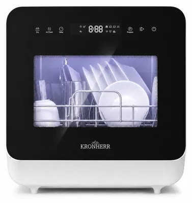 Produktbild von KRONHERR TurboTop Compacta Mini‑Tischgeschirrspüler 5L mit Tank, Weiß mit schwarzer Glasfront – Touch‑Display, 6 Programme (inkl. Trocknen) + Air‑Fresh, Startzeitvorwahl, Sichtfenster, Geschirrkorb