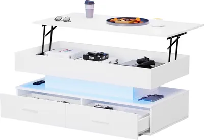 Produktbild von hydraulisch höhenverstellbarer Couchtisch, mit LED-Beleuchtung Bluetooth-APP-Steuerung, 2 Schubladen und offenem Stauraum,hebbarer Couchtisch,100*5