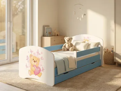 Image de Lit d'enfant Happy Babies avec barrières de sécurité pour garçon, 140 x 70 cm, pour chambre d'enfant, avec tiroir, matelas, lit simple pour enfant, bleu, ours