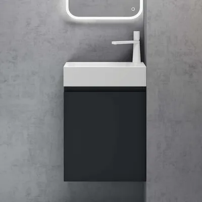 Image de doporro Petit Meuble de Salle de Bain Suspendu 46cm Gris Noir Mat Ensemble de 2 Pièces Meuble avec Lavabo Solid Surface Design Pisa02