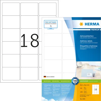 Produktbild von Adressetiketten Premium A4, weiß 63,5x46,6 mm Papier matt 1800 St.