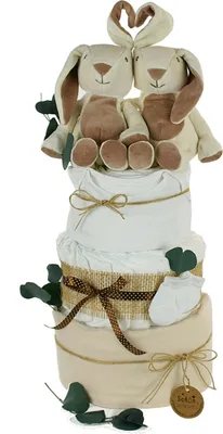 Produktbild von Windeltorte für Zwillinge neutral | 2 x KUSCHELHASE | personalisierbar, creme/natur – 4 stöckig / unbedruckt / Personalisierter Name