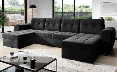 Produktbild von Easy4You Ecksofa BARI Velours in U-Form 326 x 97 x 157 cm mit Schlaffunktion und Bettzeugbehälter - Schlafsofa mit Bettkasten - Eckcouch mit Stauraum - Farbe: Monolith Graphit (MO97)
