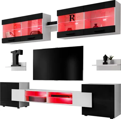 Produktbild von Komodee | Wohnwand, Wohnzimmerset RTV Foggia, Korpus Weiß Matt Frontfarbe Schwarz Hochglanz, LED RGB