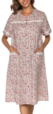 Produktbild von YOZLY Hauskleid Damen Bestickt Hausmantel Kurzarm Staubwedel Robe mit Fronttasch