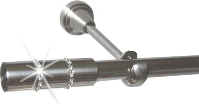 Produktbild von Gardinenstange Set Edelstahl Look Metall Ø 16mm zur Wandbefestigung 1-lauf Modern Kappe mit Kristall , Länge wählbar H14E26