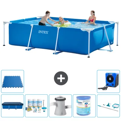 Produktbild von Intex-Schwimmbecken mit rechteckigem Rahmen – 300 x 200 x 75 cm – Blau – im Lieferumfang enthalten Abdeckung - Wartungspaket - Filterpumpe für Schwimmbad - Filter - Reinigungskit - Bodenfliesen