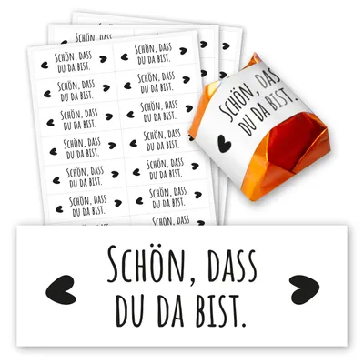 Produktbild von younikat 60 Stück Aufkleber-Set Schön, dass du da bist I Gastgeschenk passend für Küsschen Pralinen I selbstklebend I Herz I Rechteckig I Gastgeschenkaufkleber Hochzeit Taufe Geburtstag I dv1354
