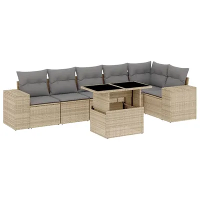 Produktbild von vidaXL 7-tlg. Garten-Sofagarnitur mit Kissen Beige Poly Rattan