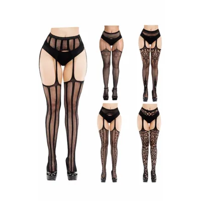 Productafbeelding van Damen haltertopkousen, set van 5 – kanten netkousen, zwart