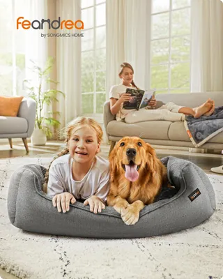 Produktbild von Feandrea Hundebett, Hundekissen in Leinenoptik, Hundekorb, erhöhte Ränder, rutschfeste Unterseite, Bezug abnehmbar waschbar, XL, für große Hunde