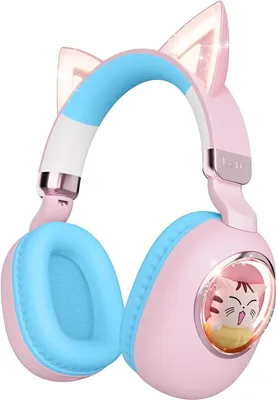Image de Casque supra-auriculaire, enfants avec oreilles de chat & lumière LED Pliable 85dB Limitation du volume, sans fil & filaire (3,5 mm/USB-C),pour l'école & les voyages
