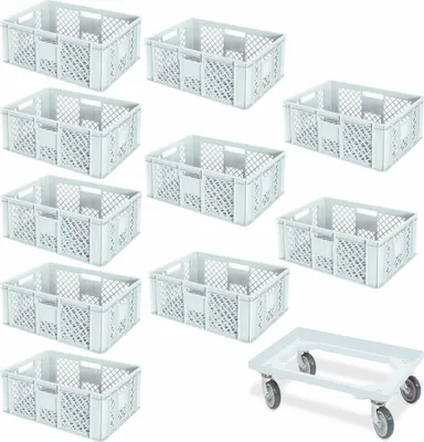 Produktbild von 10 Euroboxen, 600x400x240 mm, weiß, lebensmittelecht + 1 Transportroller