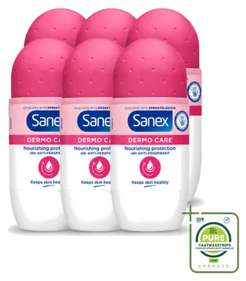 Imagen del producto de 6 unidades de desodorante roll-on Sanex Dermo Care, protección 48 horas, 50 ml. Pack grande