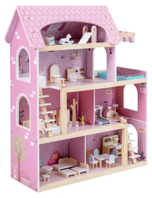 Produktbild von KOMFOTTEU Holz-Puppenhaus für Kinder, 4-stöckiges modernes Puppenhaus mit 33 Möbelstücken, 6 Zimmer, Balkon mit Pool, 80 cm hohes Spielzeughaus für Mädchen und Jungen ab 3 Jahren