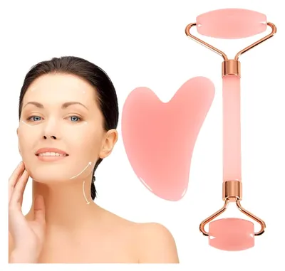 Produktbild von Set aus Gua-Sha- und Jade-Roller, Rosenquarz-Roller mit Gua-Sha-Stein, Hautpflege-Werkzeuge für Frauen, Gesichtsmassagegerät für Gesicht, Augen und Hals