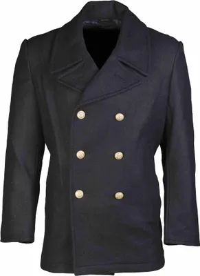 A dark blue peacoat with gold buttons is displayed against a white background.