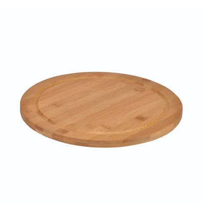 A round wooden cutting board with a groove around the edge, shown from a slightly elevated angle against a white background.