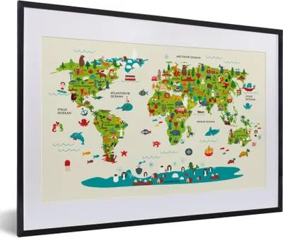 Produktbild von MuchoWow® MuchoWow® Gerahmtes Poster Weltkarte Kinder - Grün - Tiere 60x40 cm - Poster mit zchwarzem Bilderrahmen - Schlafzimmer - Plakat in Rahmen - Drucken