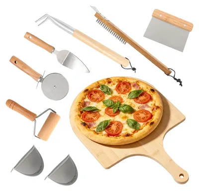 7-teiliges Pizzawerkzeug-Set aus Bambus – Pizzaschaufel, Schneidrad, Teigrolle
