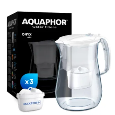 Produktbild von AQUAPHOR SET Wasserfilter Onyx Weiß inkl. 3 MAXFOR+ Filter I 4,2L Filterkanne aus Tritan I Reduziert Kalk, Schwermetalle & Chlor