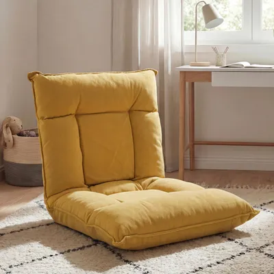 Image de Fauteuil de sol HWC-N44, fauteuil de relaxation Coussin de sol Canapé de sol Fauteuil pliant 6 positions de relaxation, structure stable en velours ~ jaune