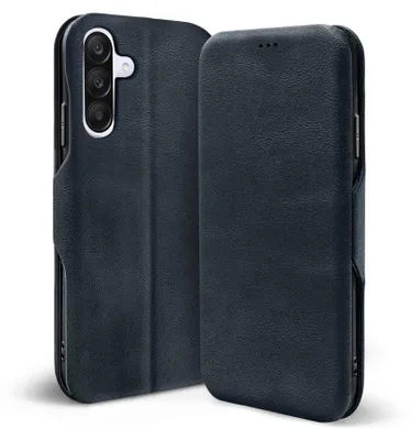 A black flip-style phone case is shown from two angles.