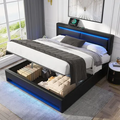 Produktbild von Flieks Polsterbett 140x200cm mit USB, Hydraulisches Boxspringbett mit LED, Jugendbett Stauraumbett mit Lattenrost, Doppelbett Holzbett, PU, Schwarz