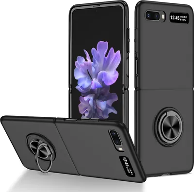 A black Samsung Galaxy Z Flip phone case with a ring holder is displayed from multiple angles.