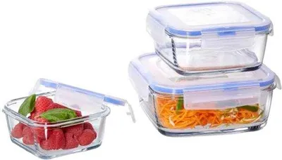 Image de Ensemble de 3 bocaux de conservation Tomivo® – verre transparent, tailles S/M/L : 375/720/1150 ml (11,5×11,5×5,3 ; 14,2×14,2×5,9 ; 16,9×16,9×6,5 cm), couvercles à 4 clips, adaptés au lave-vaisselle, empilables