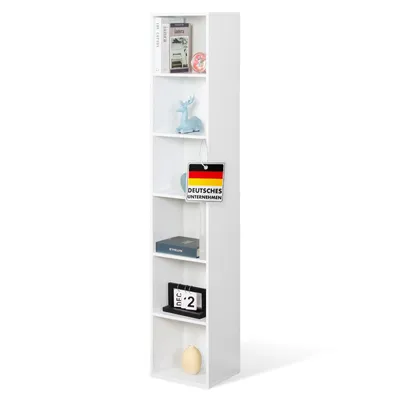A tall, narrow white bookshelf with six open shelves, displaying various decorative items and books.
