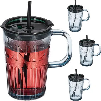 Zdjęcie produktu dla Zestaw 4 szklanek Relaxdays, kubki z pokrywką i słomką, szklanki do lemoniady, szklanki do soków 450 ml, szklane kubki z uchwytem, szare