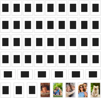 A collage of empty photo frames and several small photos of babies, families, and a dog.