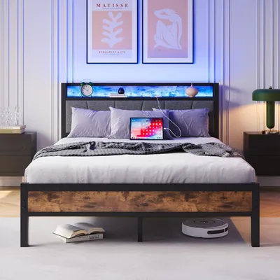 Produktbild von Flieks Jugendbett 120x200cm mit Ladefunktion(USB & Steckdose), Doppelbett mit Led, Kinderbett Klassisches Bett Metallbett mit Polsterkopfteil, Schwarz