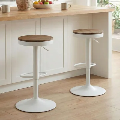 Productafbeelding van Kidol & Shellder barkrukken, eethoekstoelen, set van 2, wit, houten krukken, in hoogte verstelbaar