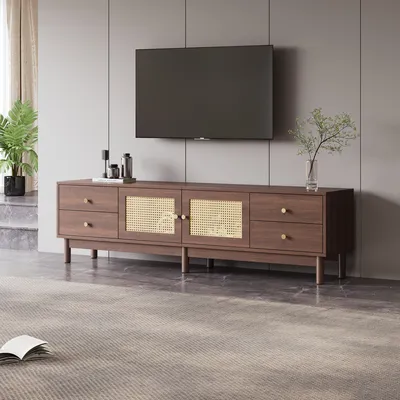 Obrázek produktu pro okwish TV skříňka 1,8 m dlouhá v tmavém dřevěném vzhledu se dvěma ratanovými dveřmi, čtyřmi zásuvkami, správou kabelů a hydraulickými panty – pro televize až do velikosti 80 palců