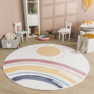 Produktbild von TT Home Babyzimmer Teppich Rund Kinderzimmer Waschbar Regenbogen Sonne Größe 100 cm Rund