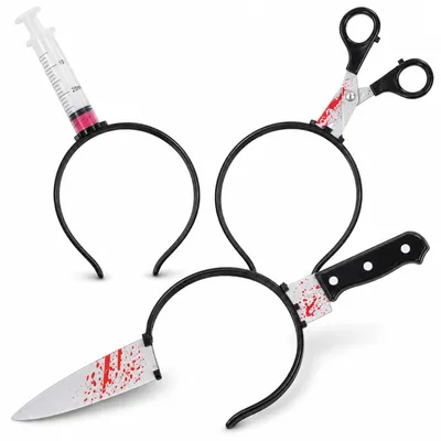 Produktbild von 3 in 1 Halloween Horror Accessoire Set – Blutige Spritze, Messer & Schere – Grusel Zubehör für Halloween, Fasching & Kostüm