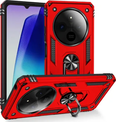 Produktbild von Schutzhülle für Xiaomi Redmi 14C Dual Layer Robust Militäre Fallschutz Hülle mit Ringhalterung Ständer Rot