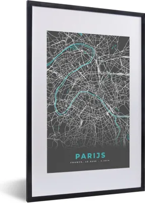 Produktbild von MuchoWow® Gerahmtes Poster Paris - Blau - Karte - Stadtplan 40x60 cm - Poster mit Schwarzem Bilderrahmen Wandposter Rahmen Foto Bilder - Poster in Rahmen