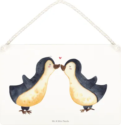 Produktbild von Mr. & Mrs. Panda Schild Pinguin Liebe DIN A4 - Weiß - Geschenk, Freundin, Holzschild, Love, kleine aufmerksamkeit, holzbild, Pinguine, Vertraut, Paar, Türschild