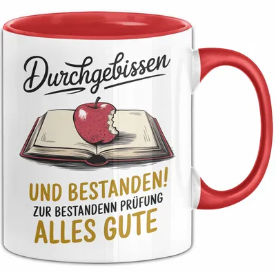 Produktbild von Schüler Abschluss Tasse Geschenk Lustige Geschenkidee Spruch Durchgebissen Und Bestanden (Rot)