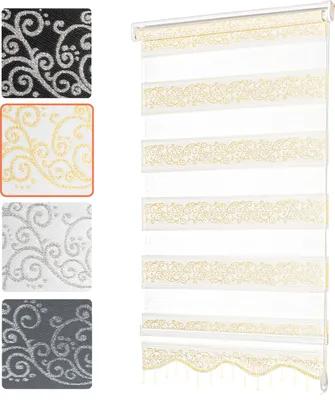 Produktbild von Doppelrollo Klemmfix ohne Bohren mit Perlen mit Volant Jalousien Gardinen Blumen Ranken Muster Weiß Gold 100 x 200 cm (Stoffbreite 96cm)