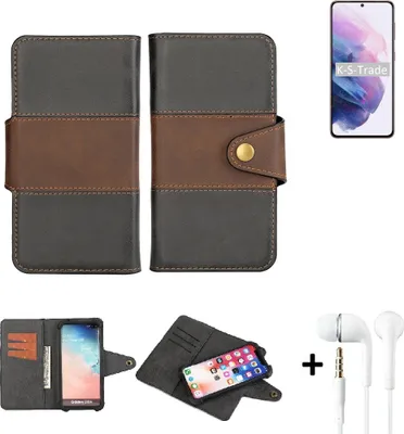 Produktbild von K-S-Trade Handyhülle Schutzhülle Bookstyle Wallet-Case kompatibel mit Samsung Galaxy S21 5G Exynos + earphones Bumper rundumschutz schwarz-braun 1x
