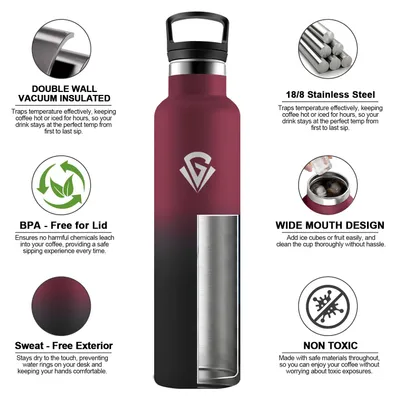 Produktbild von Trinkflasche Edelstahl 1L, Isolierflasche mit Strohhalm, kohlensäuregeeignet