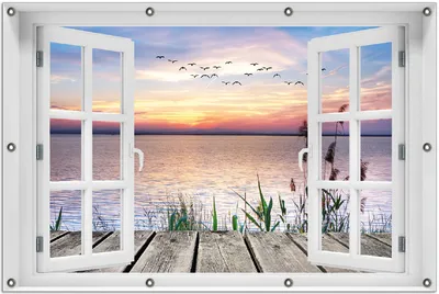 Produktbild von Wallario Outdoor-Poster für Garten oder Balkon 100 x 150 cm: Seepanorama mit Schilf und fliegenden Vögeln
