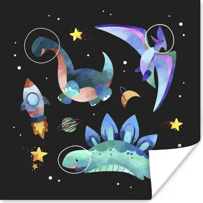 Produktbild von MuchoWow® Poster Dinosaurier - Rakete - Kinder - Mädchen - Junge - Kinder - Kinder 50x50 cm - Wohnzimmerdekoration