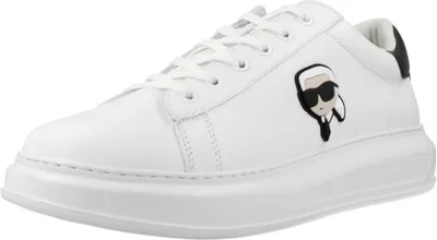 A white leather sneaker with a black heel tab and a Karl Lagerfeld K Ikonik graphic on the side.
