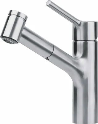 A stainless steel kitchen faucet with a pull-out spray head, shown against a white background.
