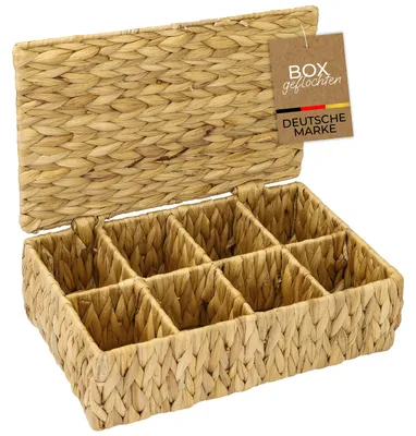 Produktbild von HMF Teebox aus Wasserhyazinthe mit 8 Fächern zur Aufbewahrung von Teebeuteln, Aufbewahrungskorb als Organizer für Küche, Bad, Wohnbereich, 33 x 21 x 10 cm, Naturfarben, KI-generiertes Bild
